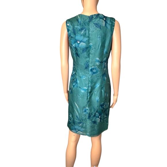 Vintage 90s Liz Claiborne 100% Silk Chiffon Dress Sz 6P Teal Floral Embellished - Picture 12 of 16
